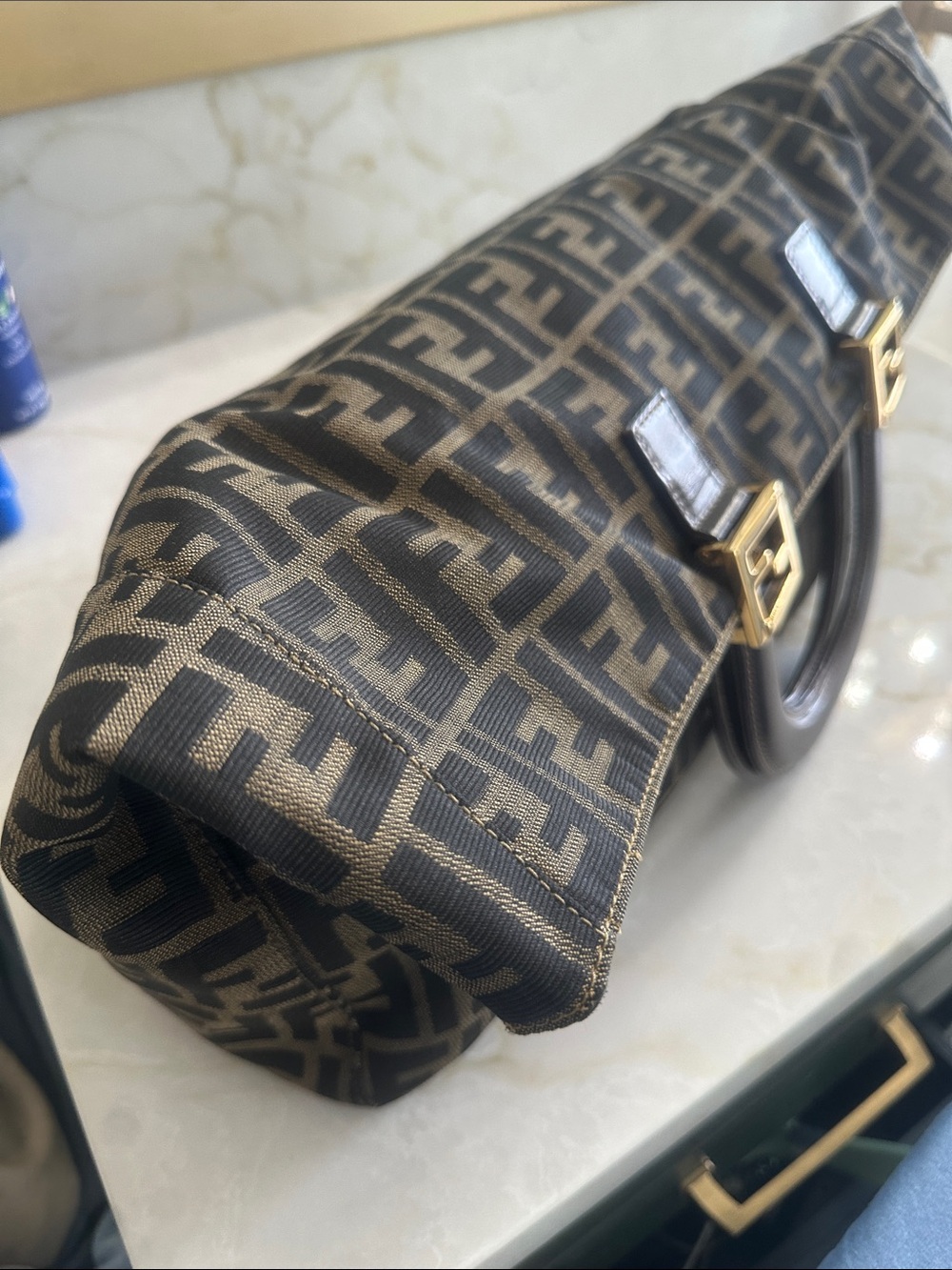 Fendi FF Monogram Shoulder Bag in Brown and Black with Gold Hardware
